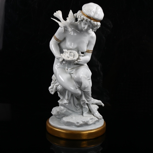 1213 - Capodimonte white glaze Classical figure with a bird, with parcel gilding, height 27cm