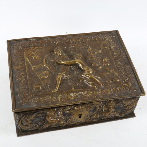 1220 - An ornate high relief embossed brass box decorated with Classical figures, 18th or 19th century, 23c... 