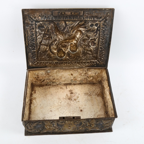 1220 - An ornate high relief embossed brass box decorated with Classical figures, 18th or 19th century, 23c... 