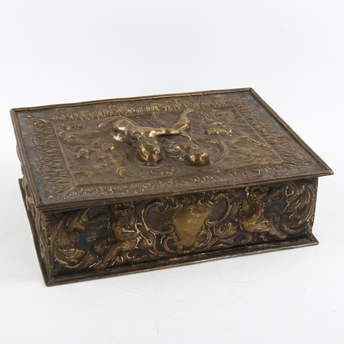 1220 - An ornate high relief embossed brass box decorated with Classical figures, 18th or 19th century, 23c... 