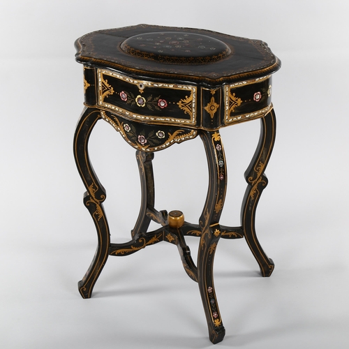 1230 - A Victorian gilded and lacquered sewing table, with inlaid mother-of-pearl decoration on shaped base... 