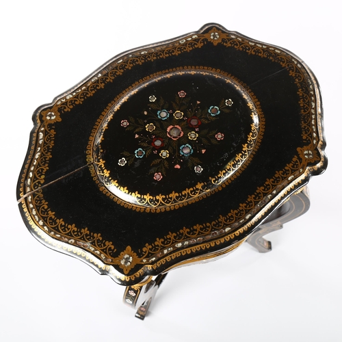 1230 - A Victorian gilded and lacquered sewing table, with inlaid mother-of-pearl decoration on shaped base... 