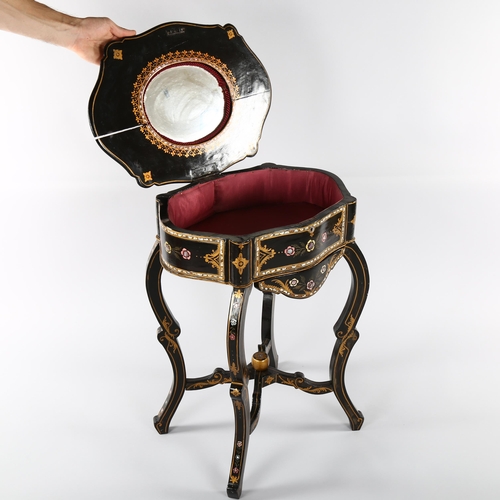 1230 - A Victorian gilded and lacquered sewing table, with inlaid mother-of-pearl decoration on shaped base... 