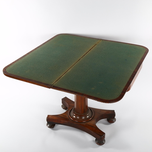 1231 - 19th century Gillows style Goncalo Alves fold over card table, on shaped platform base, length 91cm