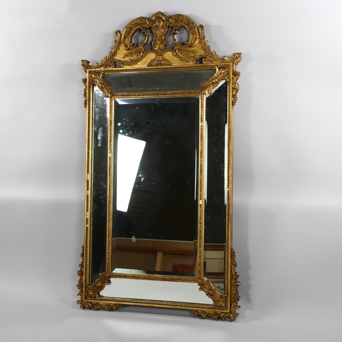 1242 - 19th century carved wood and gesso-framed wall mirror, with bevel mirror inset surround, height 142c... 