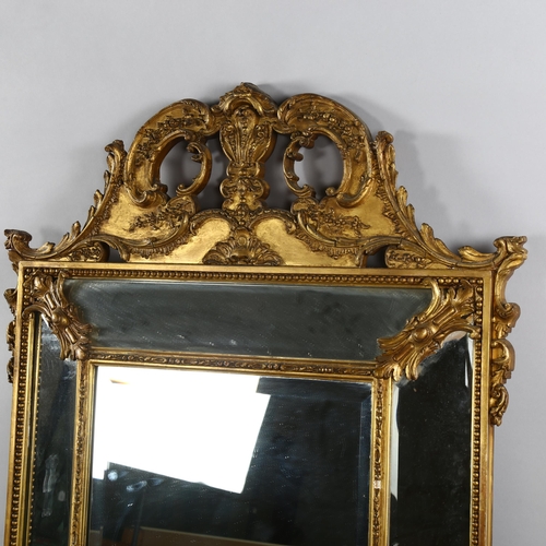 1242 - 19th century carved wood and gesso-framed wall mirror, with bevel mirror inset surround, height 142c... 