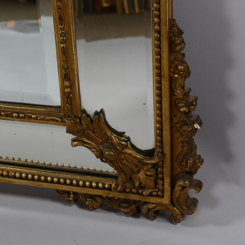 1242 - 19th century carved wood and gesso-framed wall mirror, with bevel mirror inset surround, height 142c... 