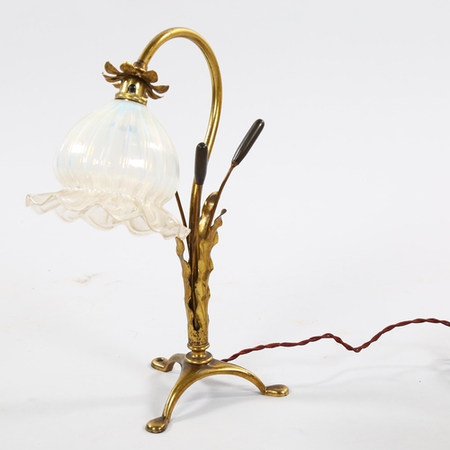 1250 - A Victorian brass bulrush design desk lamp, with moulded vaseline glass shade, height 41cm, shade di... 