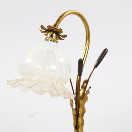 1250 - A Victorian brass bulrush design desk lamp, with moulded vaseline glass shade, height 41cm, shade di... 