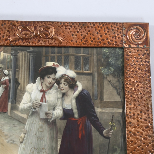 1254 - An Arts and Crafts copper-framed print, with embossed corner panels and text 