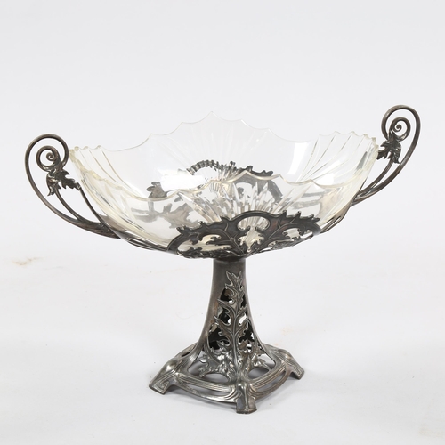 1255 - WMF Art Nouveau table centre fruit bowl, electroplate and cut-glass, length 40cm