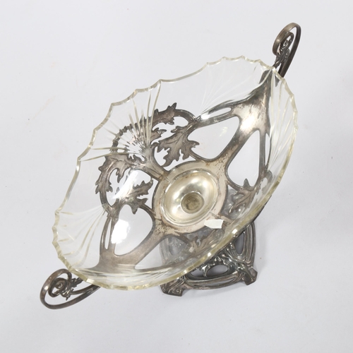 1255 - WMF Art Nouveau table centre fruit bowl, electroplate and cut-glass, length 40cm