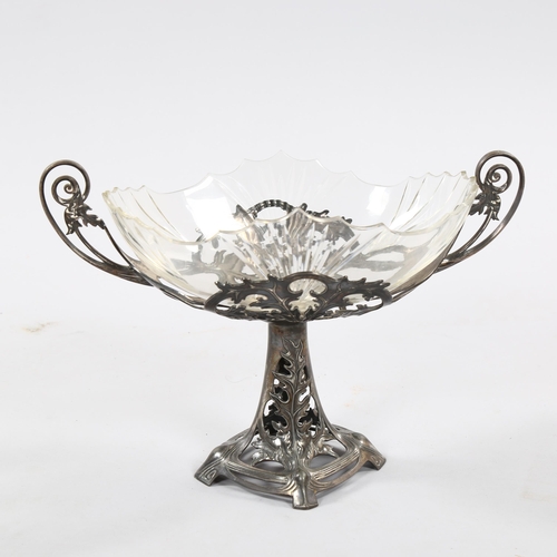 1255 - WMF Art Nouveau table centre fruit bowl, electroplate and cut-glass, length 40cm