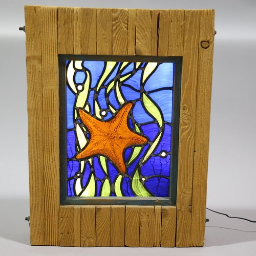 1264 - Paul Sedgwick - illuminated stained glass panel in striped wood frame, 58 x 44cm