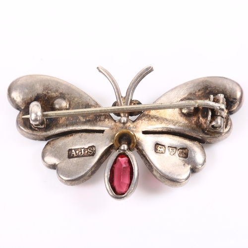 210 - An Edwardian silver enamel stone set figural butterfly brooch, by Arthur Johnson Smith, hallmarks Ch... 