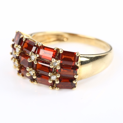 215 - A 9ct gold garnet and diamond dress ring, setting height 10.5mm, size R, 3.8g