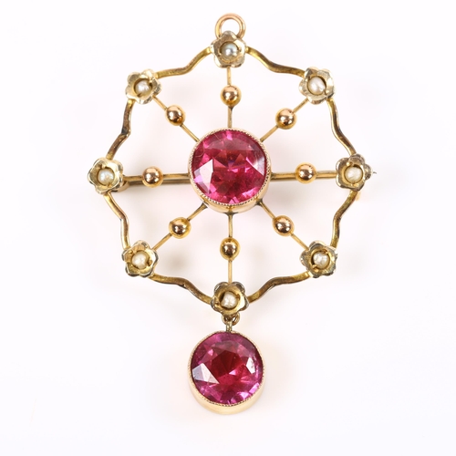 216 - An Art Nouveau 9ct rose gold pink stone and split pearl spiderweb pendant/brooch, pendant height 41.... 