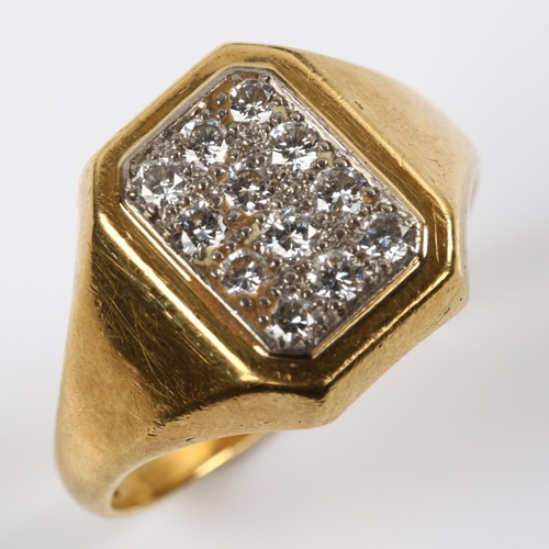 225 - A large 18ct gold diamond panel signet ring, pave set with modern round brilliant-cut diamonds, tota... 