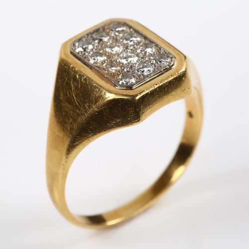 225 - A large 18ct gold diamond panel signet ring, pave set with modern round brilliant-cut diamonds, tota... 