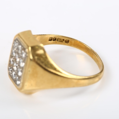 225 - A large 18ct gold diamond panel signet ring, pave set with modern round brilliant-cut diamonds, tota... 