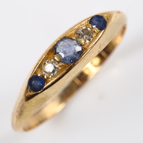 227 - An early 20th century 18ct gold graduated five stone sapphire and diamond half hoop ring, maker's ma... 