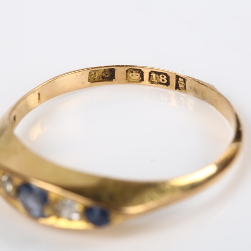 227 - An early 20th century 18ct gold graduated five stone sapphire and diamond half hoop ring, maker's ma... 