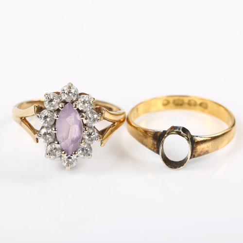 236 - A Victorian 22ct gold ring mount, size J, 1.6g, and a 9ct gold stone set ring, size J, 2.3g (2)