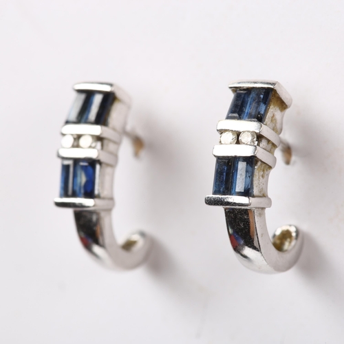 237 - A pair of 9ct white gold sapphire and diamond half hoop earrings, earring height 11.3mm, 1.7g