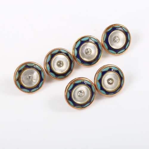 242 - A set of 6 gold plated mother-of-pearl and enamel dress buttons, with paste stone centres, diameter ... 