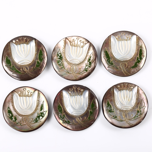 243 - A set of 6 Art Nouveau black mother-of-pearl buttons, raised and etched floral decoration, button di... 