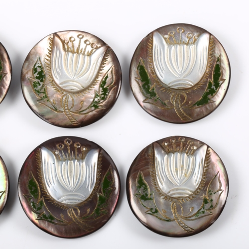 243 - A set of 6 Art Nouveau black mother-of-pearl buttons, raised and etched floral decoration, button di... 