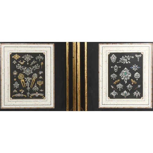 2103 - Pair of hand coloured lithographs, studies of jewellery, in decorative gilt frames, overall frame di... 