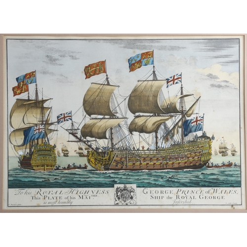 2104 - E Kirkall, after Baston, pair of hand coloured engravings, sea battle scenes, image 40cm x 50cm, fra... 