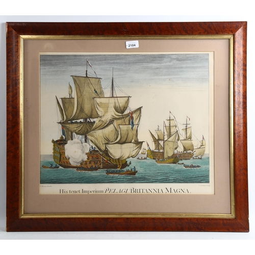 2104 - E Kirkall, after Baston, pair of hand coloured engravings, sea battle scenes, image 40cm x 50cm, fra... 