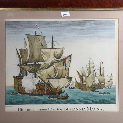 2104 - E Kirkall, after Baston, pair of hand coloured engravings, sea battle scenes, image 40cm x 50cm, fra... 