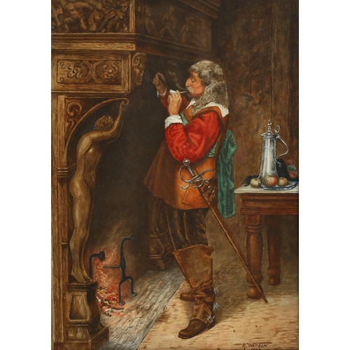 2108 - R Watson, watercolour, Cavalier by a fireplace, signed and dated 1930, 37cm x 26cm, framed