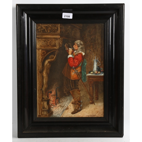 2108 - R Watson, watercolour, Cavalier by a fireplace, signed and dated 1930, 37cm x 26cm, framed