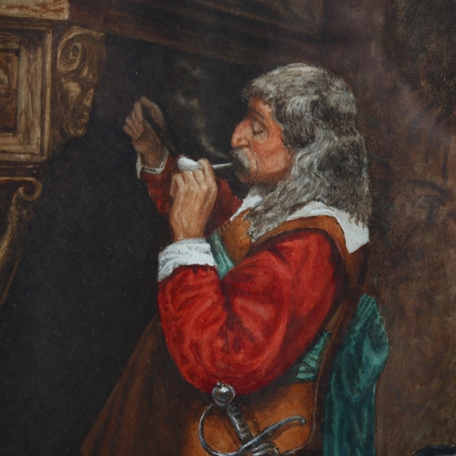 2108 - R Watson, watercolour, Cavalier by a fireplace, signed and dated 1930, 37cm x 26cm, framed