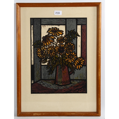 2123 - Colour linocut print, still life study, indistinctly signed in pencil, dated 1984, image 38cm x 29cm... 