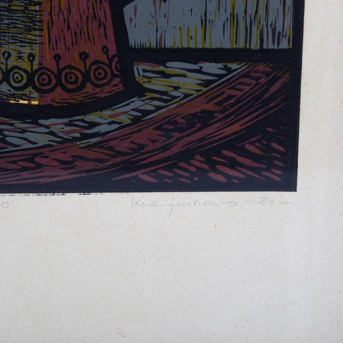 2123 - Colour linocut print, still life study, indistinctly signed in pencil, dated 1984, image 38cm x 29cm... 