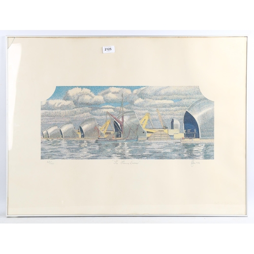 2125 - P J Lee, colour print, The Thames Barrier, signed in pencil, 1988, no. 43/150, image 23cm x 55cm, fr... 