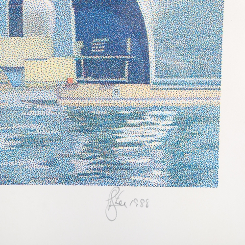 2125 - P J Lee, colour print, The Thames Barrier, signed in pencil, 1988, no. 43/150, image 23cm x 55cm, fr... 