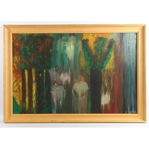 2126 - S Sykes, oil on board abstract, 52cm x 80cm, framed