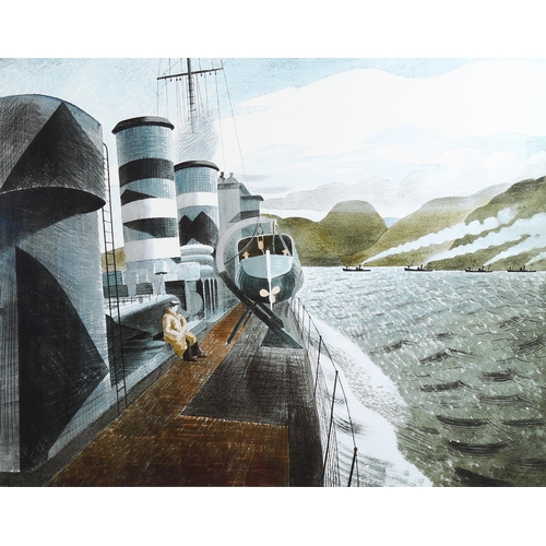 2127 - After Eric Ravilious, colour print, leaving Scapa Flow, no. 40/850, image 44cm x 56cm, framed