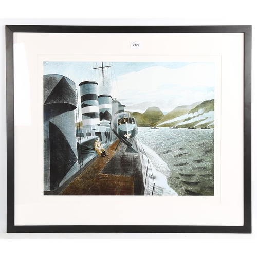 2127 - After Eric Ravilious, colour print, leaving Scapa Flow, no. 40/850, image 44cm x 56cm, framed