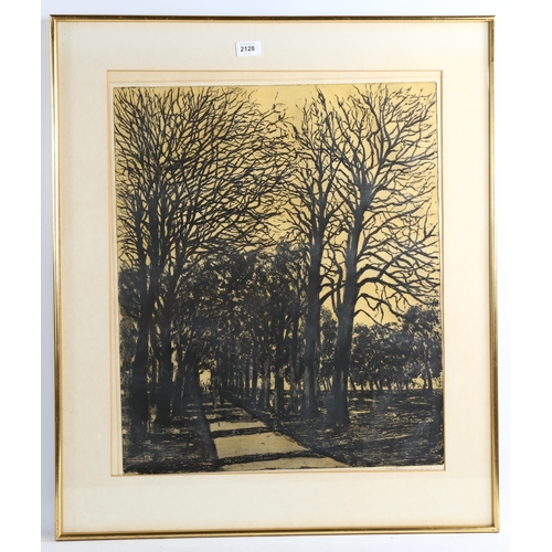 2128 - Francis Kelly, sugartint, etching, Hyde Park, signed in pencil, plate 60cm x 50cm, framed