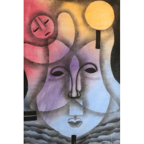 2129 - Saoli, mixed media, charcoal/pastel on paper, abstract faces, signed and dated '94, 63cm x 43cm, fra... 