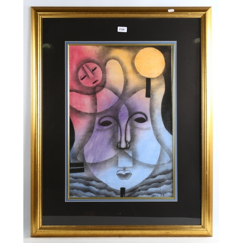 2129 - Saoli, mixed media, charcoal/pastel on paper, abstract faces, signed and dated '94, 63cm x 43cm, fra... 