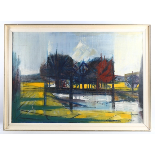 2130 - Paul Lambert, oil on canvas, circa 1970s, abstract landscape, signed, 70cm x 100cm, framed