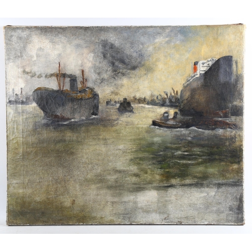 2135 - Early to mid-20th century British School, oil on canvas, harbour scene, unsigned, 64cm x 75cm, unfra... 